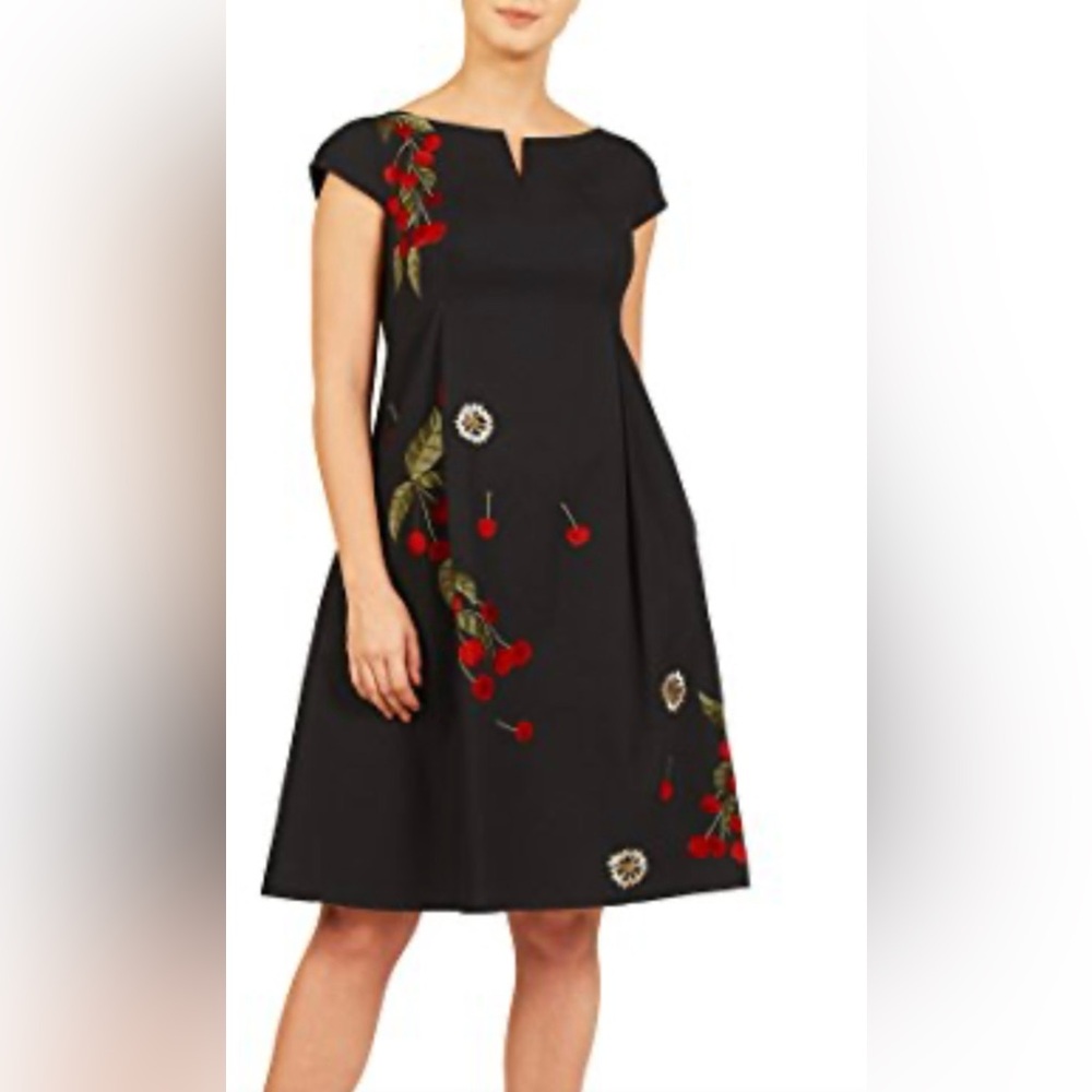 eShakti embroidered seamed empire dress. Black size 10. Cherries/flowers. Great